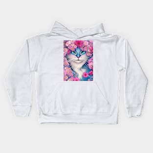 Blue Cat Surrounded by Pink Flowers Kids Hoodie
